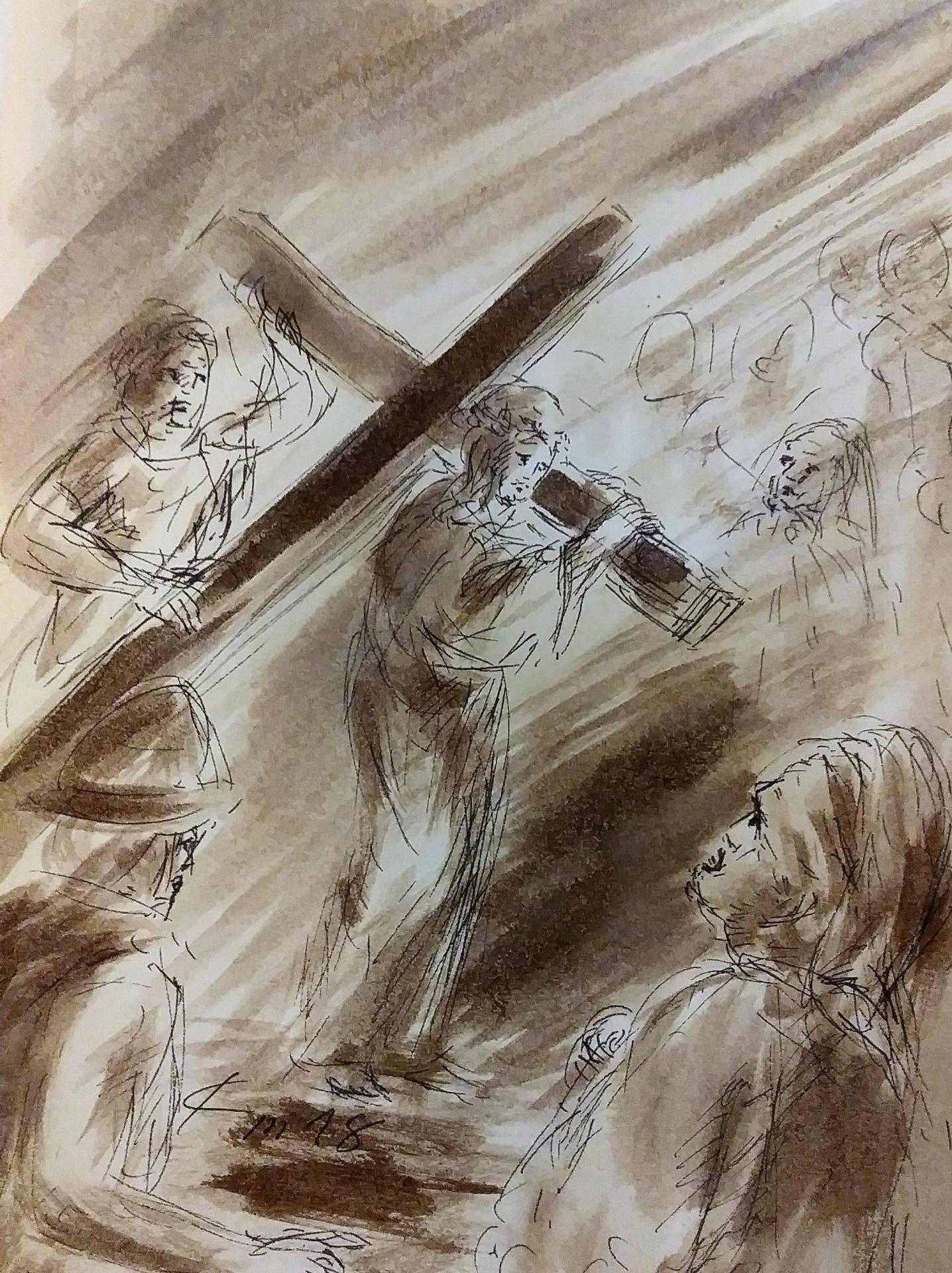 2 chemin de croix deuxieme station jesus est charge de sa croix dessin au lavis de jean joseph chevalier