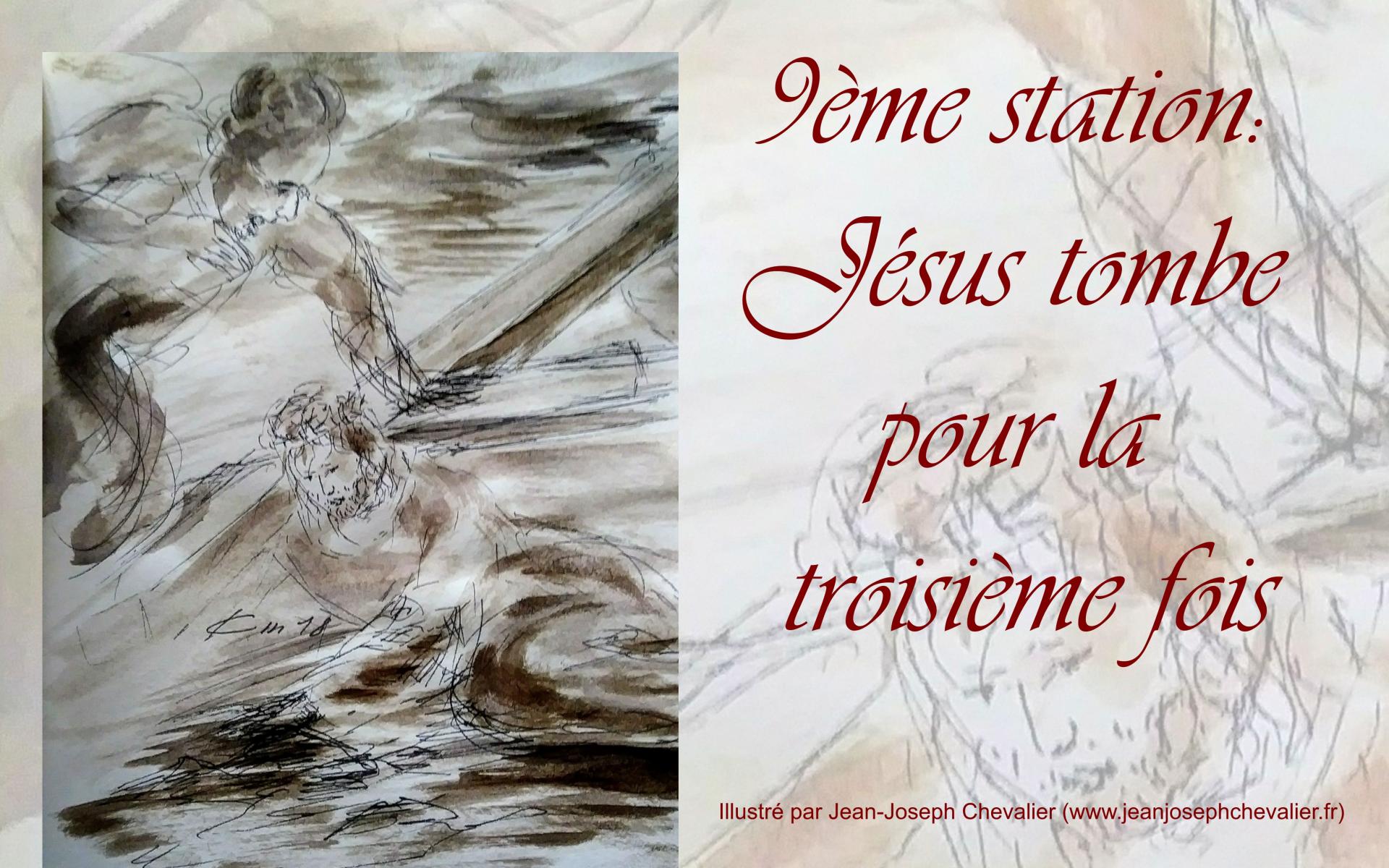 9 chemin de croix neuvieme station jesus tombe pour la troisieme fois dessin au lavis de jean joseph chevalier ix