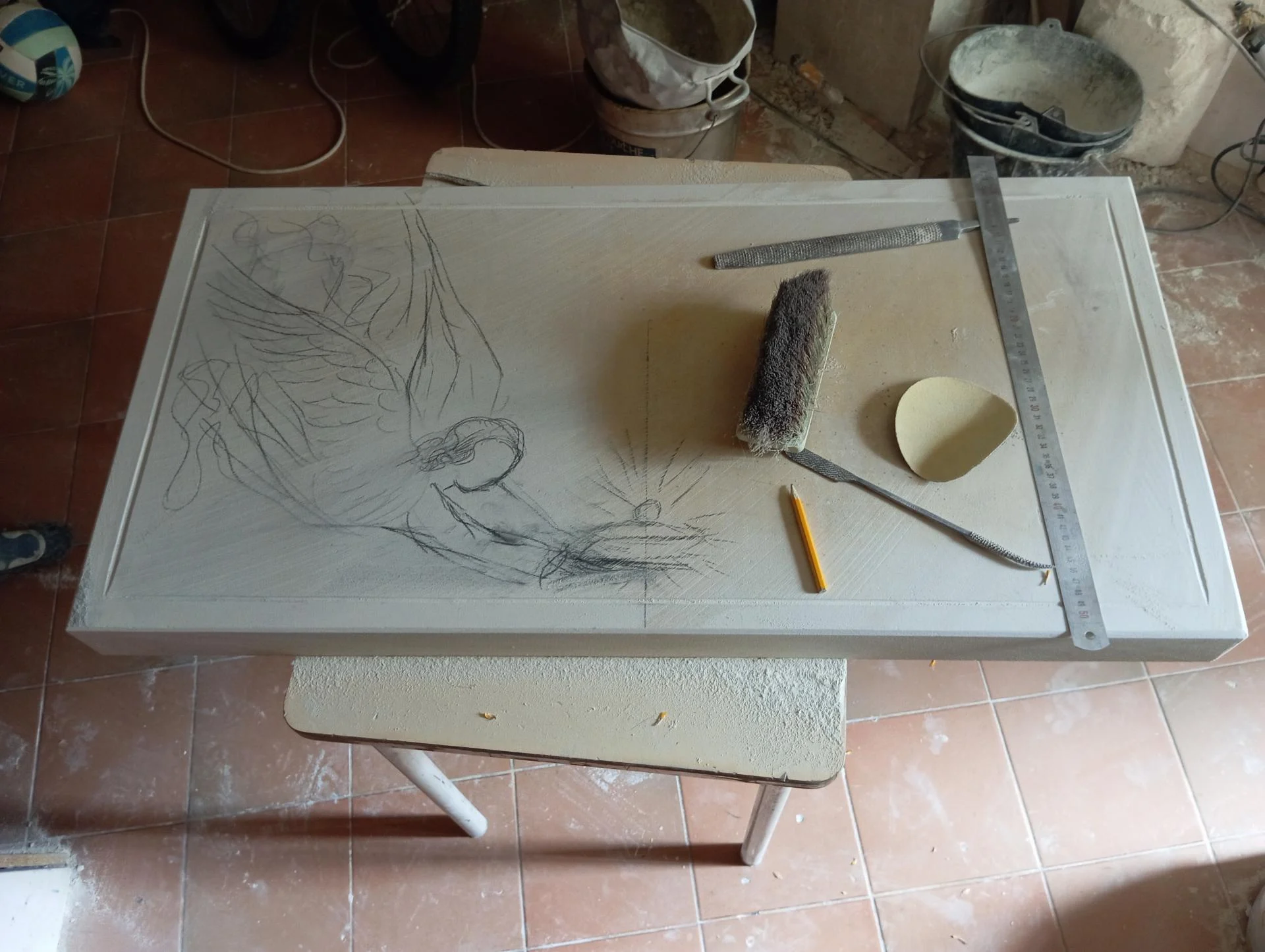 Dessin préparatoire autel en pierre Jeanne d'Arc Rennes — sculpteur mobilier liturgique Jean-Joseph Chevalier