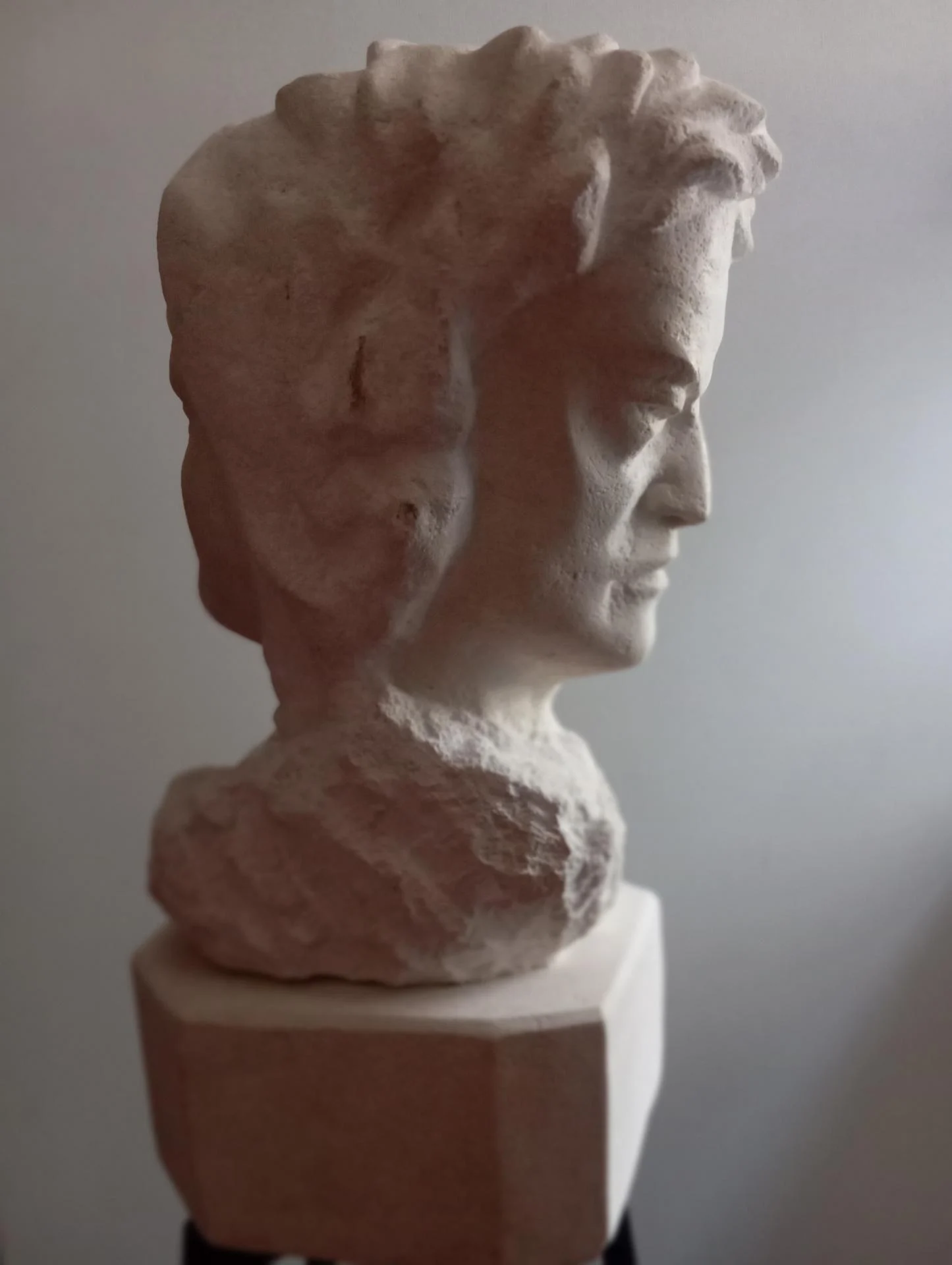 Le profil du révolutionnaire — la chevelure en flamme, le visage penché vers la terre : la haine qui pèse. Buste bicéphale en pierre calcaire naturelle, taille directe, 60 cm, 2025. Sculpteur d'art sacré Jean-Joseph Chevalier (Brignoles, Var, Provence).