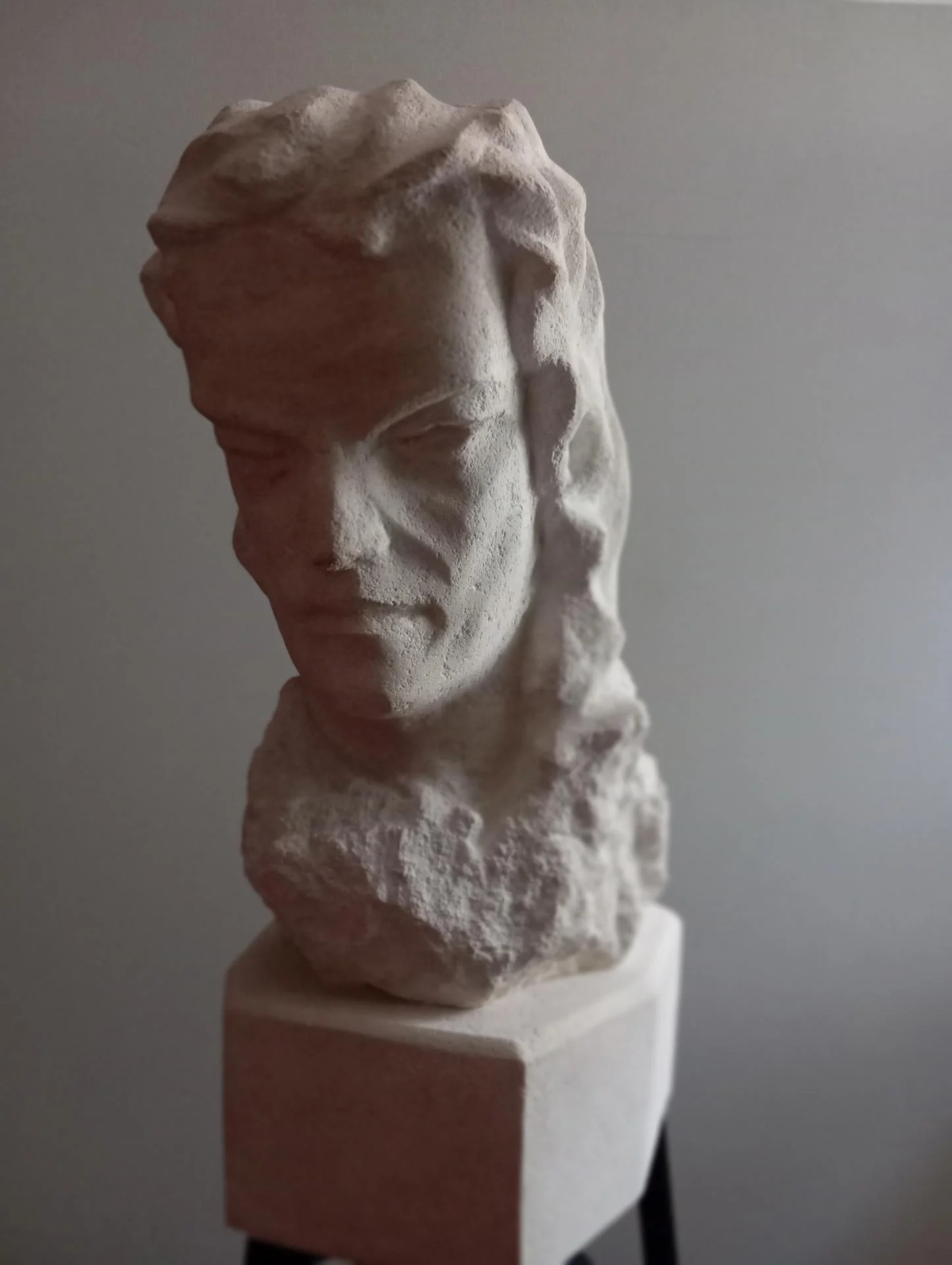Le révolutionnaire en trois-quarts — les ombres du visage, l'âme morte de celui qui hait. Buste bicéphale en pierre calcaire naturelle, taille directe, 60 cm, 2025. Sculpteur d'art sacré Jean-Joseph Chevalier (Brignoles, Var, Provence).