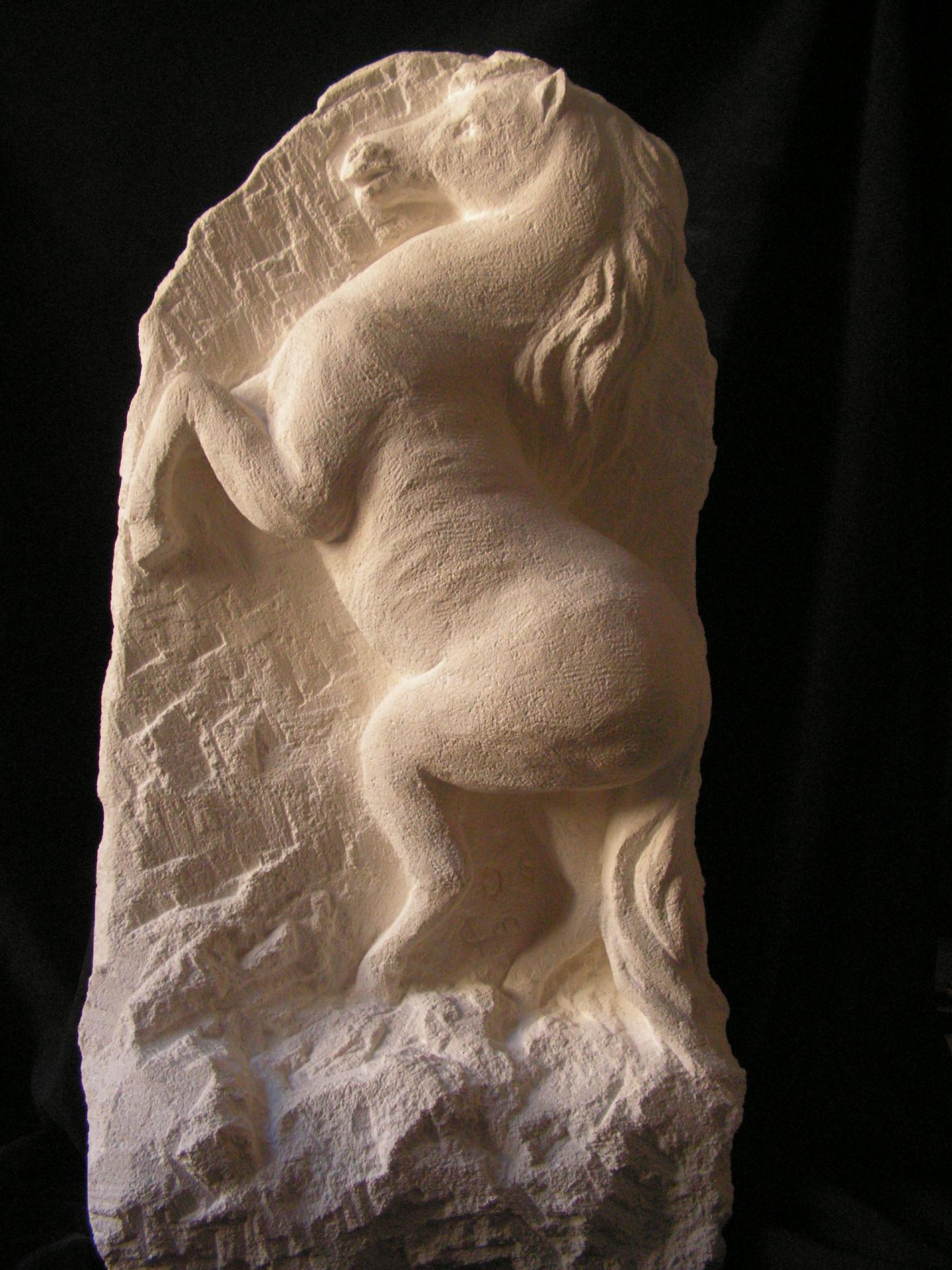 Sculpture sur pierre, demi relief d'un cheval