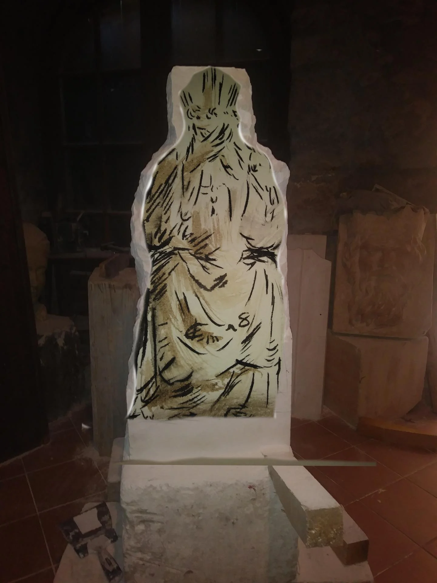 Le dessin projeté sur le bloc de pierre brute avant taille — Notre-Dame de la Salette — Jean-Joseph Chevalier sculpteur