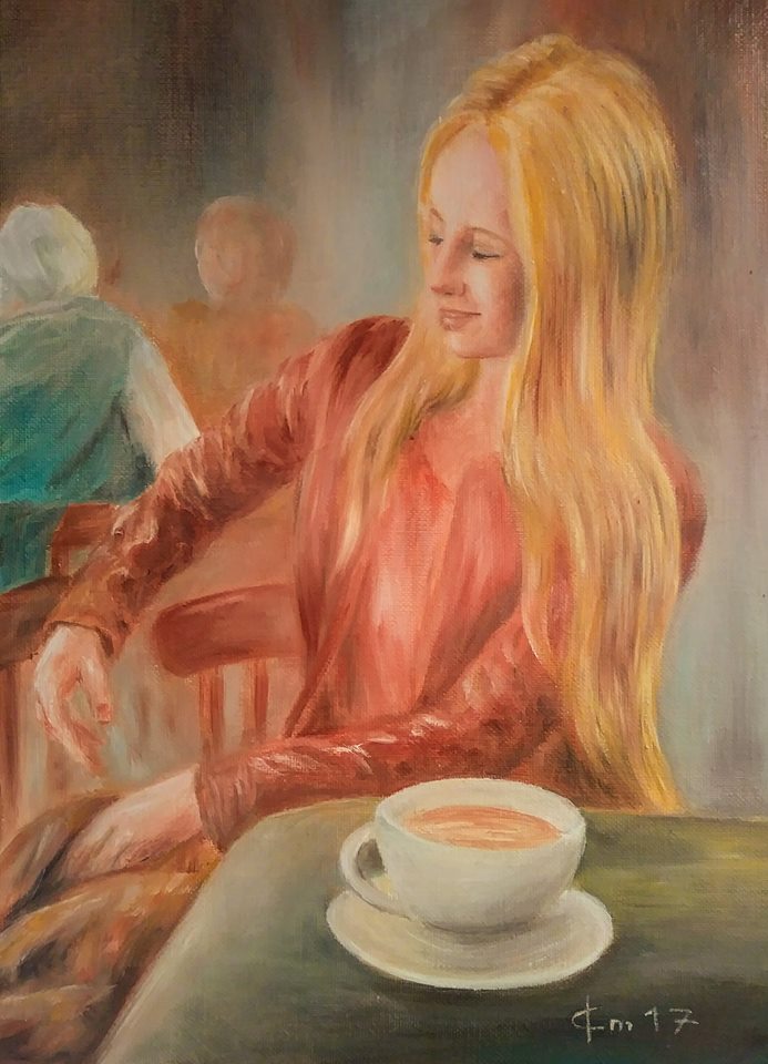 Portrait femme dans un cafe par jean joseph chevalier