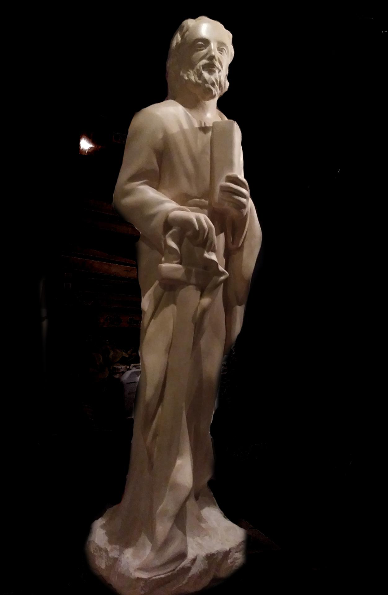 St Paul, sculpture en pierre, 1,25m de haut, réalisé pour l'abbaye de Wisques. 1